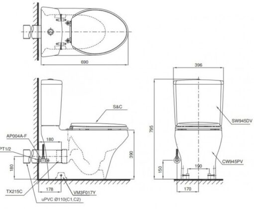 Bồn cầu 2 khối TOTO CS945PDT10 nắp đóng êm TC395VS thoát ngang