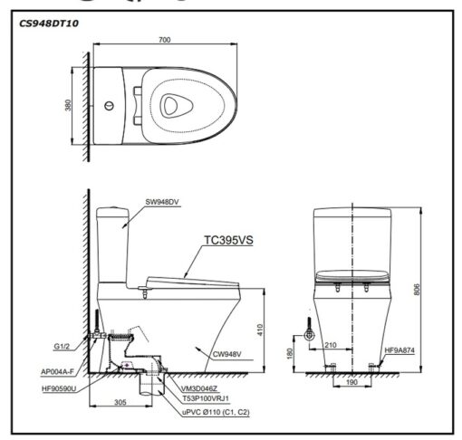 Bồn cầu 2 khối TOTO CS948DT10 nắp đóng êm TC395VS