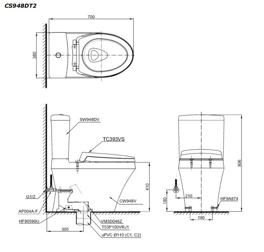 Bồn cầu 2 khối TOTO CS948DT2 nắp đóng êm TC393VS 4 Bồn cầu 2 khối TOTO CS948DT2 nắp đóng êm TC393VS