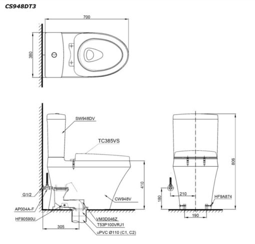 Bồn cầu 2 khối TOTO CS948DT3 nắp đóng êm TC385VS