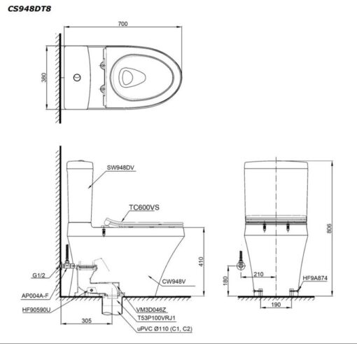 Bồn cầu 2 khối TOTO CS948DT8 nắp đóng êm TC600VS