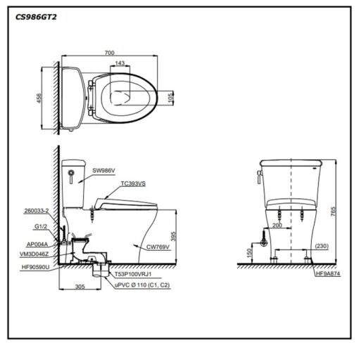 Bồn cầu 2 khối TOTO CS986GT2 nắp đóng êm TC393VS