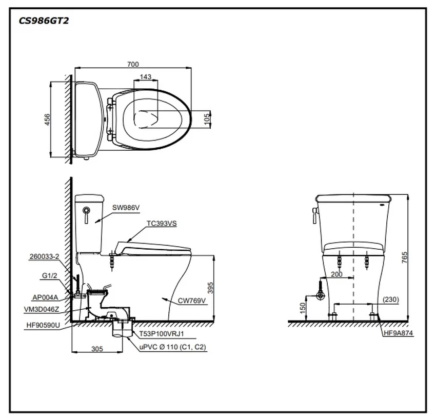 Bồn cầu 2 khối TOTO CS986GT2 nắp đóng êm TC393VS 10 Bồn cầu 2 khối TOTO CS986GT2 nắp đóng êm TC393VS