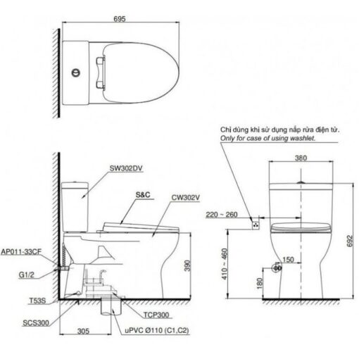 Bồn cầu TOTO CS302DE2 2 khối nắp rửa cơ TCW07S
