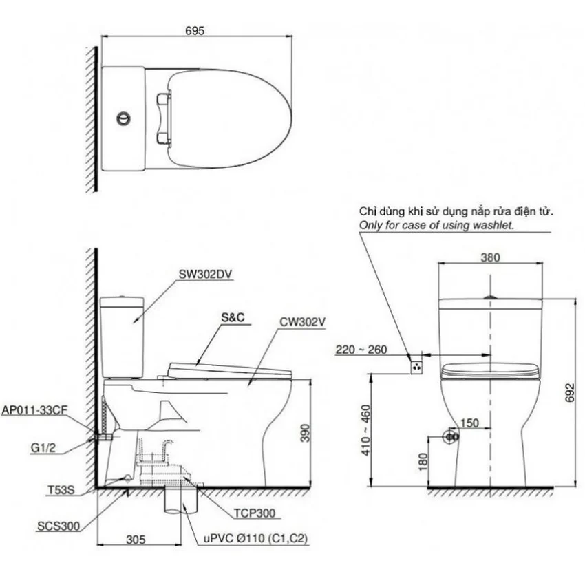 Bồn cầu TOTO CS302DE2 2 khối nắp rửa cơ TCW07S 9 Bồn cầu TOTO CS302DE2 2 khối nắp rửa cơ TCW07S