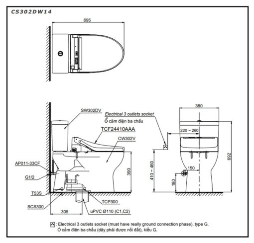 Bồn cầu TOTO CS302DW14 2 khối nắp điện tử Washlet C5 TCF24410AAA