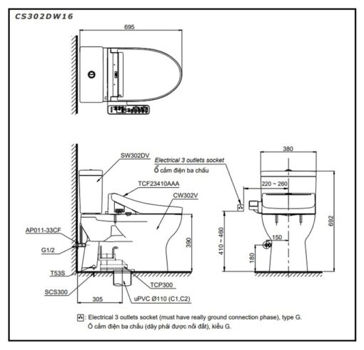 Bồn cầu TOTO CS302DW16 2 khối nắp điện tử Washlet C2 TCF23410AAA