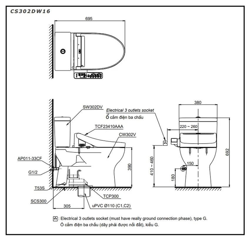 Bồn cầu TOTO CS302DW16 2 khối nắp điện tử Washlet C2 TCF23410AAA 10 Bồn cầu TOTO CS302DW16 2 khối nắp điện tử Washlet C2 TCF23410AAA