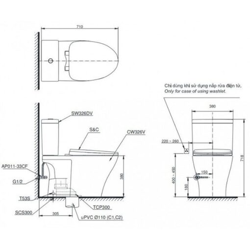 Bồn cầu TOTO CS326DE2 2 khối nắp rửa cơ TCW07S