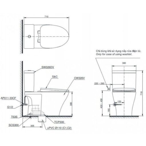Bồn cầu TOTO CS326DE4 2 khối nắp rửa cơ TCW1211A