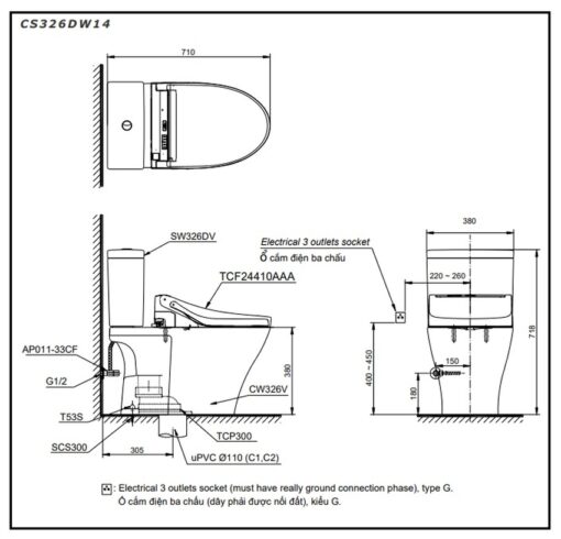 Bồn cầu TOTO CS326DW14 2 khối nắp điện tử Washlet C5 TCF24410AAA