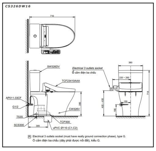 Bồn cầu TOTO CS326DW16 2 khối nắp điện tử Washlet C2 TCF23410AAA