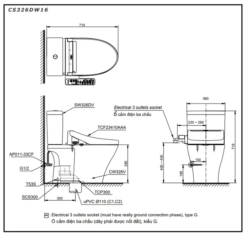 Bồn cầu TOTO CS326DW16 2 khối nắp điện tử Washlet C2 TCF23410AAA 10 Bồn cầu TOTO CS326DW16 2 khối nắp điện tử Washlet C2 TCF23410AAA