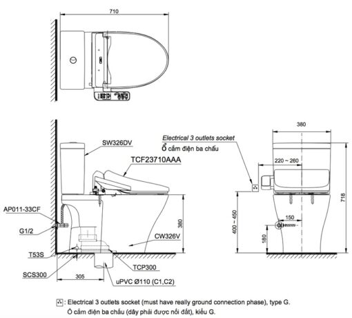 Bồn cầu TOTO CS326DW18 2 khối nắp điện tử TCF23710AAA Washlet C2 cơ bản