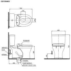 Bồn cầu TOTO CS735DE2 2 khối nắp rửa cơ TCW07S