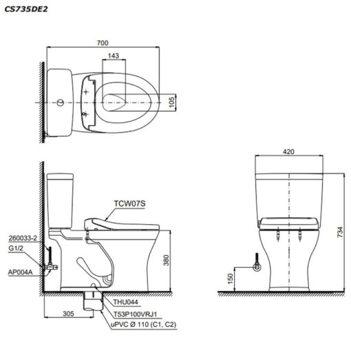 Bồn cầu TOTO CS735DE2 2 khối nắp rửa cơ TCW07S