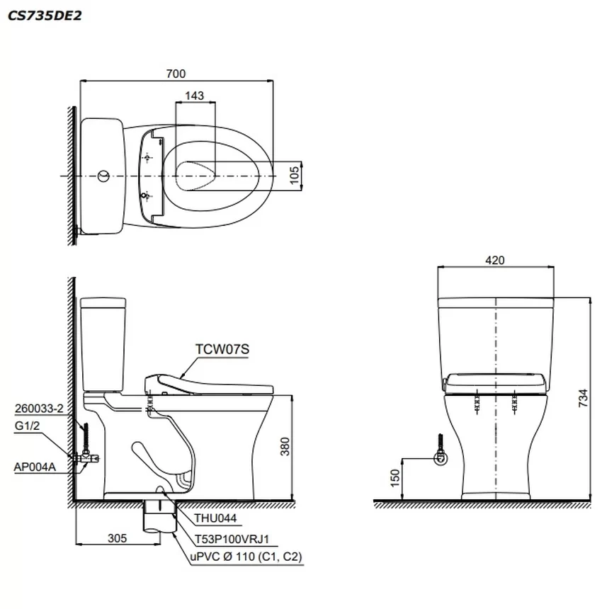 Bồn cầu TOTO CS735DE2 với nắp rửa cơ TCW07S Bồn cầu TOTO CS735DE2 với nắp rửa cơ TCW07S