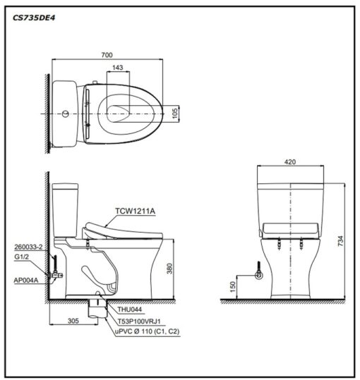 Bồn cầu TOTO CS735DE4 2 khối nắp rửa cơ TCW1211A
