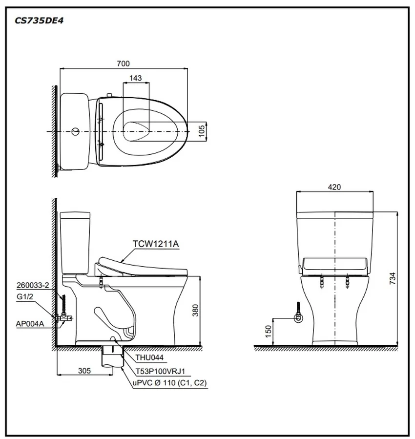 Bồn cầu TOTO CS735DE4 2 khối nắp rửa cơ TCW1211A 8 Bồn cầu TOTO CS735DE4 2 khối nắp rửa cơ TCW1211A