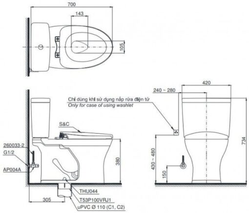 Bồn cầu TOTO CS735DW11 2 khối nắp điện tử Washlet S7 TCF4911Z
