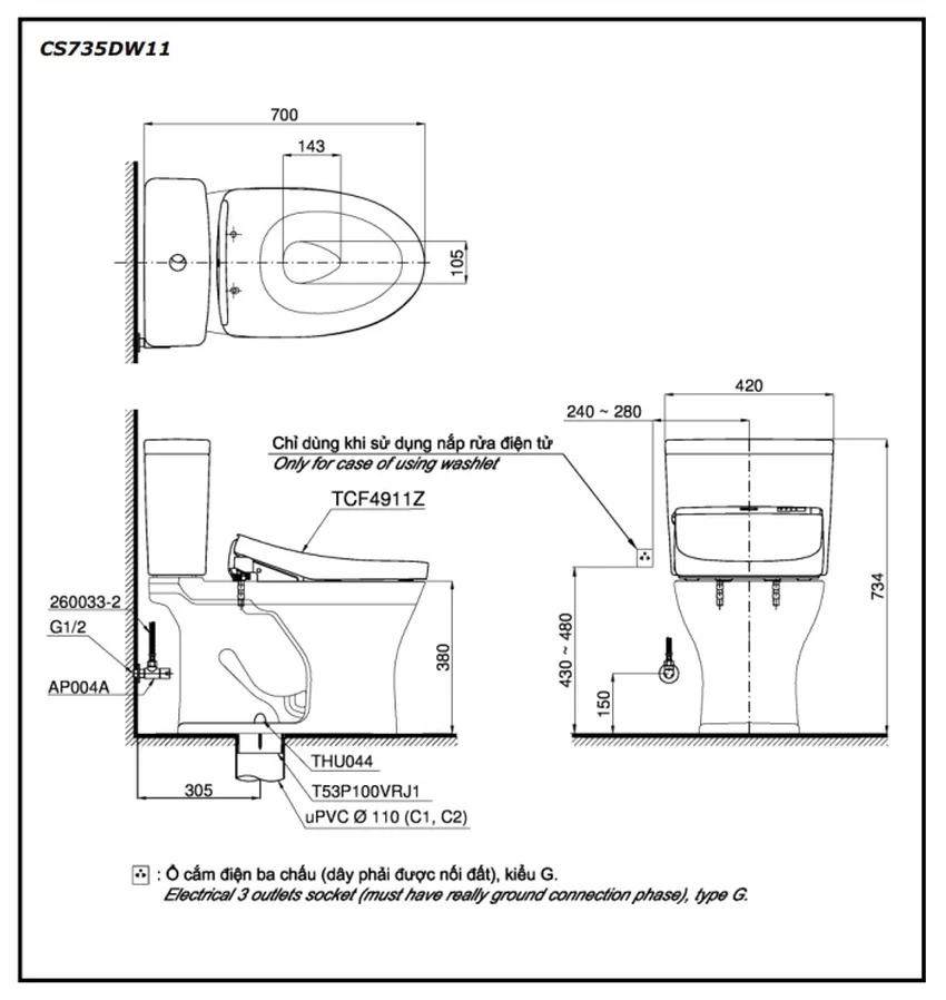 Bồn cầu TOTO CS735DW11 Cận cảnh bồn cầu TOTO CS735DW11