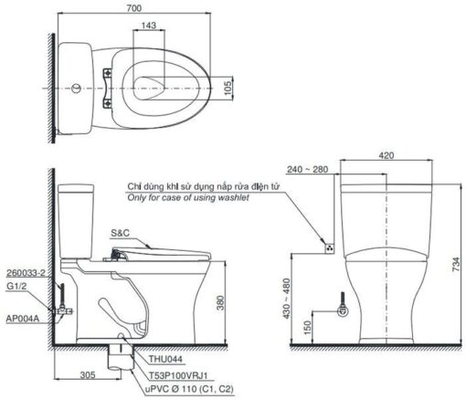 Bồn cầu TOTO CS735DW14 2 khối nắp điện tử Washlet C5 TCF24410AAA