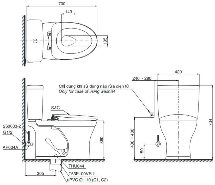 Bồn cầu TOTO CS735DW14 Bồn cầu TOTO CS735DW14 với nắp Washlet C5