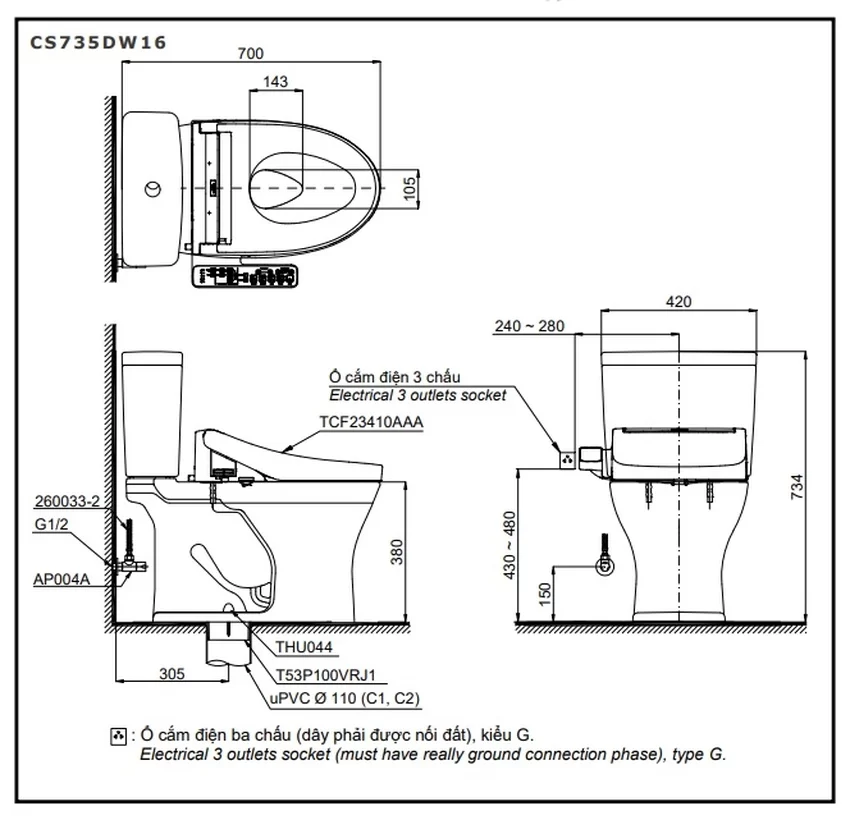 Bồn cầu TOTO CS735DW16 2 khối nắp điện tử Washlet C2 TCF23410AAA 7 Bồn cầu TOTO CS735DW16 2 khối với nắp điện tử tiên tiến Washlet C2 TCF23410AAA