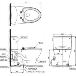 Bồn cầu TOTO CS767CRW15 2 khối nắp điện tử Washlet C5 TCF24460AAA giấu dây