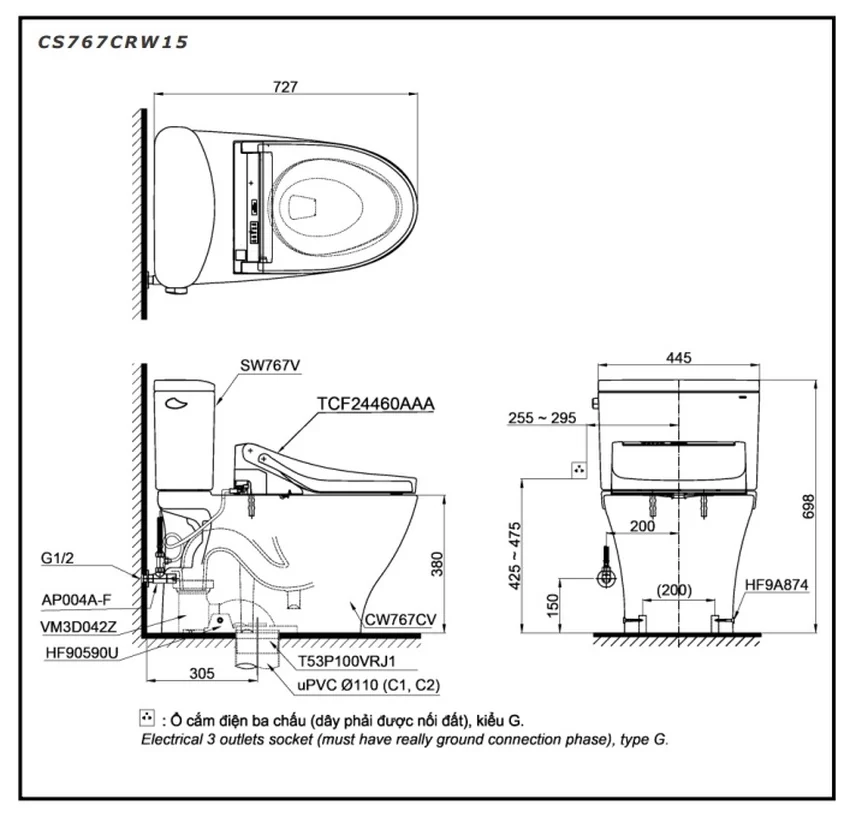 Bồn cầu TOTO CS767CRW15 2 khối nắp điện tử Washlet C5 TCF24460AAA giấu dây 13 Nắp điện tử Washlet C5 của bồn cầu TOTO CS767CRW15