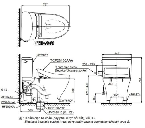Bồn cầu TOTO CS767CRW17 2 khối nắp điện tử Washlet C2 TCF23460AAA giấu dây
