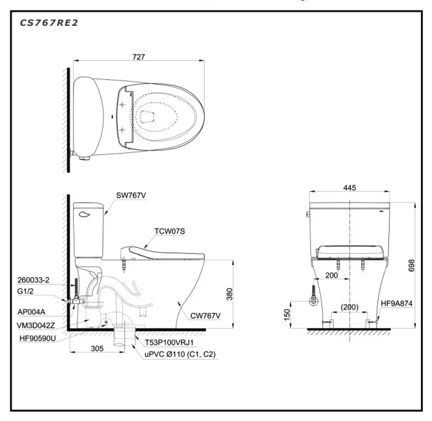 Bồn cầu TOTO CS767RE2 2 khối nắp rửa cơ TCW07S 9 Bồn cầu TOTO CS767RE2 2 khối nắp rửa cơ TCW07S