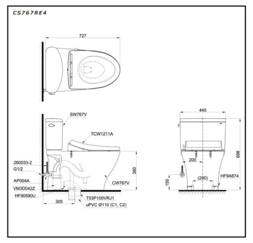 Bồn cầu TOTO CS767RE4 2 khối nắp rửa cơ TCW1211A