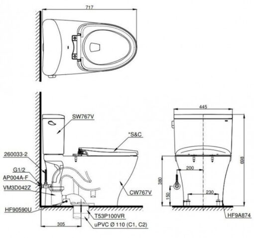 Bồn cầu TOTO CS767RW14 2 khối nắp điện tử Washlet C5 TCF24410AAA