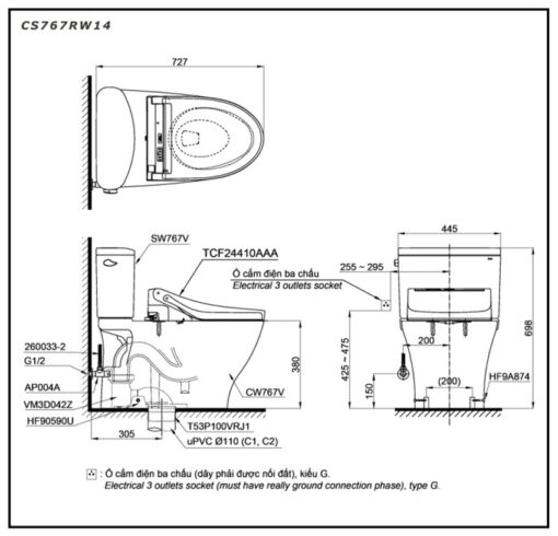 Bồn cầu TOTO CS767RW14 2 khối nắp điện tử Washlet C5 TCF24410AAA