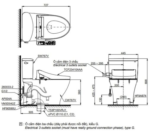 Bồn cầu TOTO CS767RW16 2 khối nắp điện tử Washlet C2 TCF23410AAA