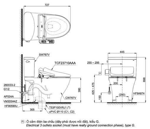Bồn cầu TOTO CS767RW18 2 khối nắp điện tử TCF23710AAA Washlet C2 cơ bản