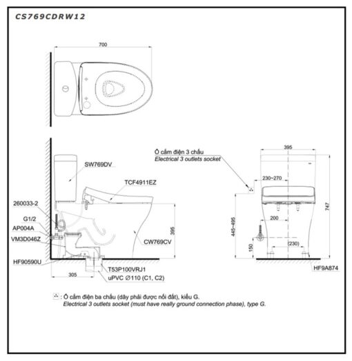 Bồn cầu TOTO CS769CDRW12 2 khối nắp điện tử Washlet S7 TCF4911EZ giấu dây