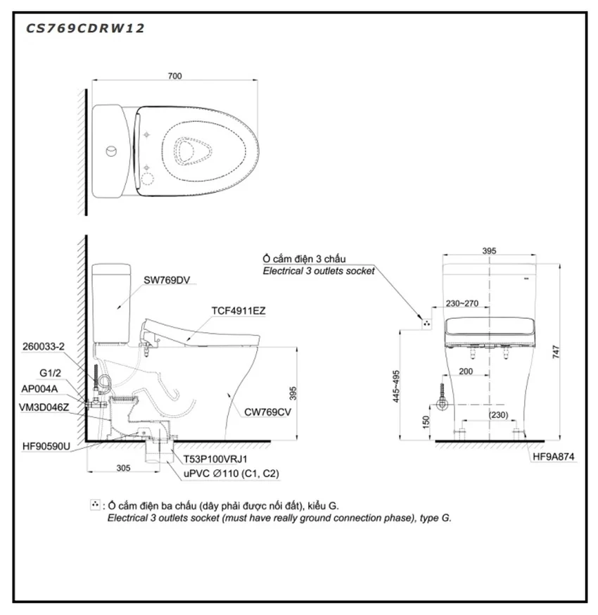 Bồn cầu TOTO CS769CDRW12 hiện đại Bồn cầu TOTO CS769CDRW12 - Thiết kế và công nghệ tiên tiến