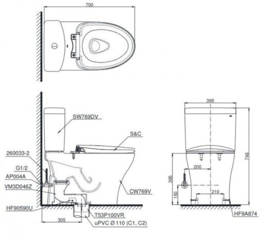 Bồn cầu TOTO CS769CDRW15 2 khối nắp điện tử Washlet C5 TCF24460AAA giấu dây