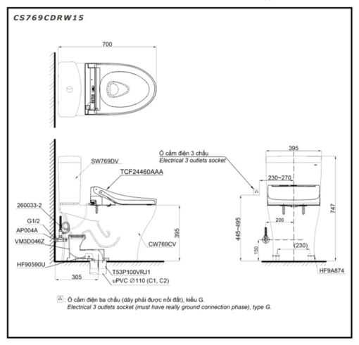 Bồn cầu TOTO CS769CDRW15 2 khối nắp điện tử Washlet C5 TCF24460AAA giấu dây