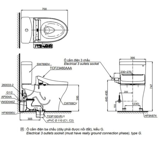 Bồn cầu TOTO CS769CDRW17 2 khối nắp điện tử Washlet C2 TCF23460AAA giấu dây