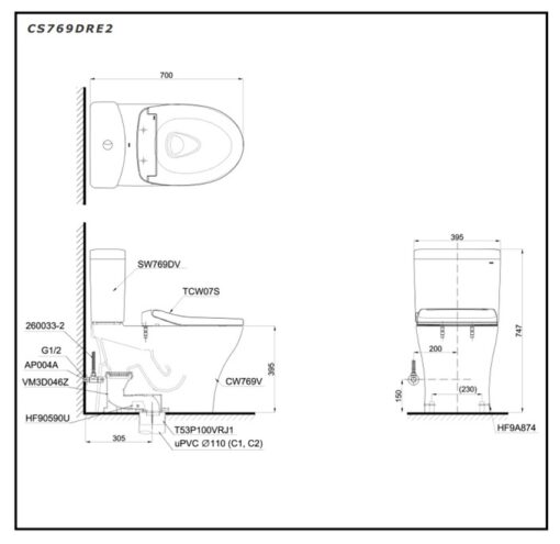 Bồn cầu TOTO CS769DRE2 2 khối nắp rửa cơ TCW07S