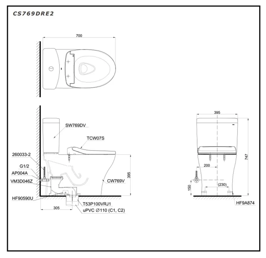 Bồn cầu TOTO CS769DRE2 2 khối nắp rửa cơ TCW07S 12 Bồn cầu TOTO CS769DRE2 2 khối nắp rửa cơ TCW07S
