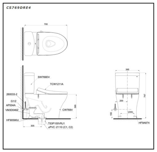 Bồn cầu TOTO CS769DRE4 2 khối nắp rửa cơ TCW1211A