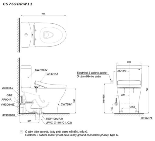 Bồn cầu TOTO CS769DRW11 2 khối nắp điện tử Washlet S7 TCF4911Z
