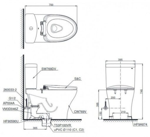 Bồn cầu TOTO CS769DRW14 2 khối nắp điện tử Washlet C5 TCF24410AAA