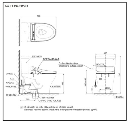 Bồn cầu TOTO CS769DRW14 2 khối nắp điện tử Washlet C5 TCF24410AAA