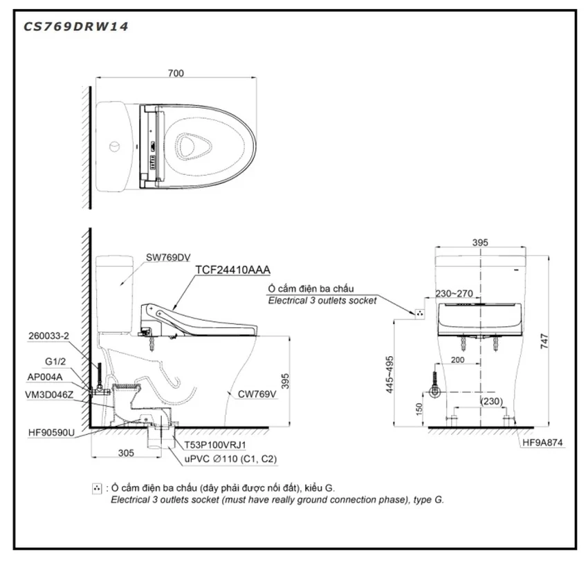 Bồn cầu TOTO CS769DRW14 sang trọng Bồn cầu TOTO sang trọng