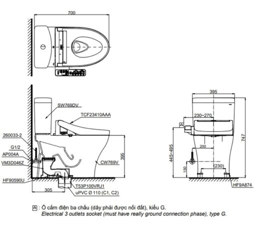 Bồn cầu TOTO CS769DRW16 2 khối nắp điện tử Washlet C2 TCF23410AAA